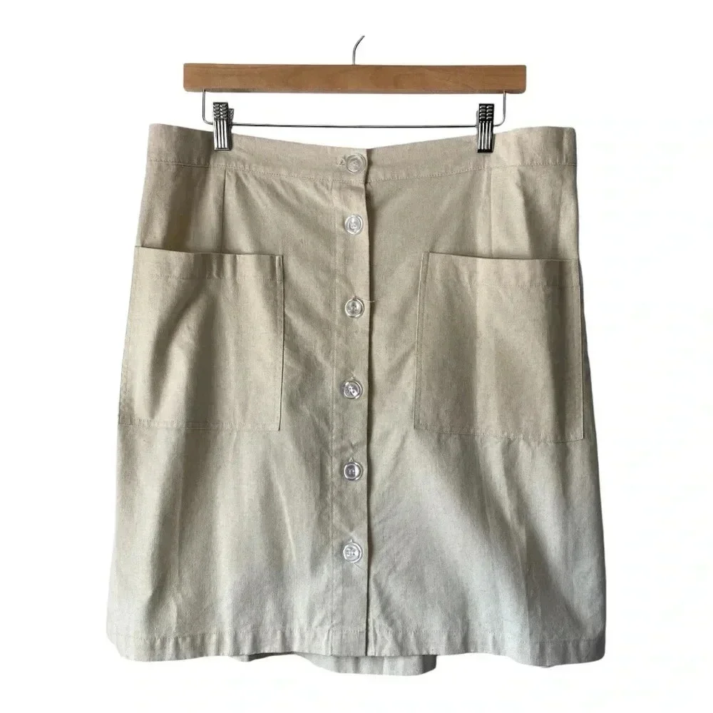 ODDY Button Front Cotton Linen Elastic Wasit Pockets Casual Skirt Size 2XL